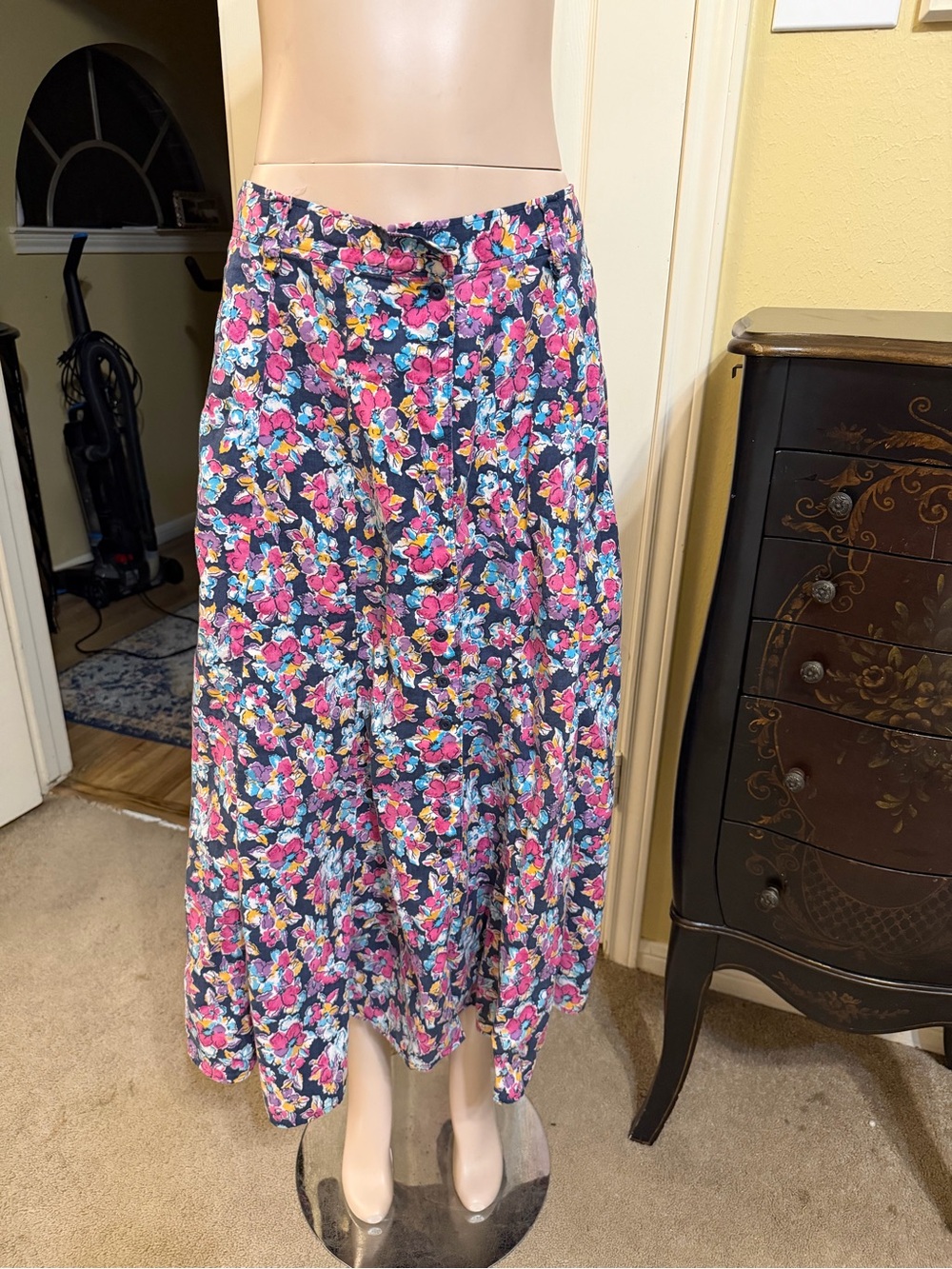 Floral Midi Skirt in Navy with Pink & Teal Accents